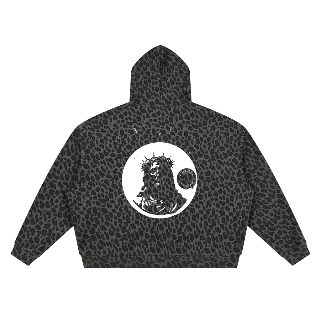 Unisex Leopard Print Waffle Full Zip Hoodie
