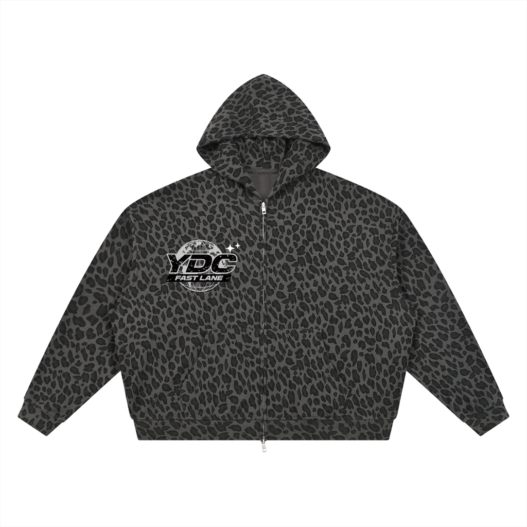 Unisex Leopard Print Waffle Full Zip Hoodie